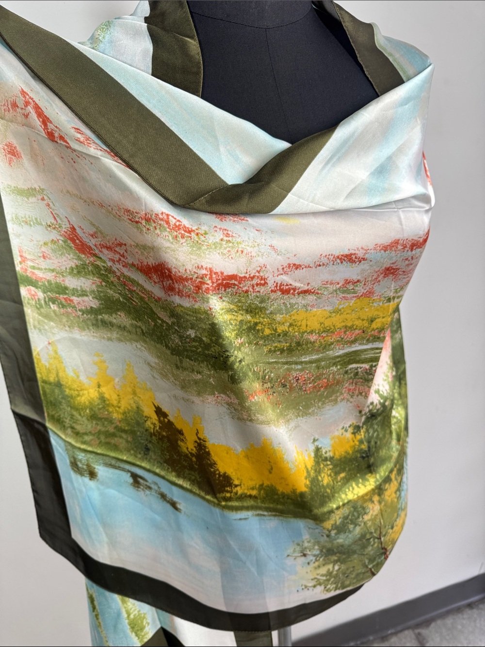 Silk Scarf Shawl Multicolor Landscape Print Lightweight Wrap Elegant Chic - Picture 3 of 13